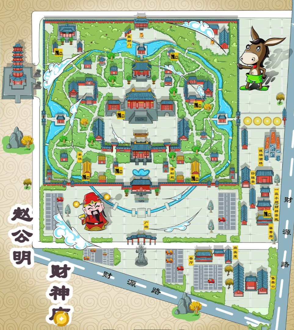 江岸寺庙类手绘地图